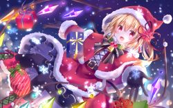 Rule 34 | 1girl, :d, alternate costume, bell, belt, belt buckle, black gloves, black pantyhose, blonde hair, blush, boots, bow, bowtie, box, buckle, capelet, christmas, cross-laced clothes, cross-laced footwear, crystal, dutch angle, fang, feeding, flandre scarlet, flower, fur-trimmed capelet, fur-trimmed hood, fur-trimmed skirt, fur-trimmed sleeves, fur trim, gift, gift box, gloves, hair flower, hair ornament, hat, highres, holly, hood, hood up, hooded capelet, knee boots, kure~pu, lace-up boots, long sleeves, looking at viewer, medium hair, night, night sky, one side up, open mouth, outstretched arms, pantyhose, poinsettia, pom pom (clothes), red eyes, red skirt, santa costume, santa hat, skirt, sky, smile, snowflakes, snowing, solo, spread arms, striped, striped bow, touhou, wings
