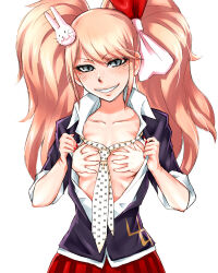 Rule 34 | 1girl, blonde hair, blue eyes, blush, bow, breasts, collarbone, cosplay, danganronpa: trigger happy havoc, danganronpa (series), ears, enoshima junko (cosplay), fake nails, female focus, fingernails, hair bow, hair ornament, hand bra, hands on breasts, hands over breasts, hands up, head tilt, ikusaba mukuro, io (248693), long hair, looking at viewer, multicolored bow, nail polish, necktie, nose, open clothes, open shirt, opening shirt, parted lips, pleated skirt, portrait, presenting, presenting bra, purple shirt, rabbit hair ornament, red bow, red nails, red skirt, shirt, skirt, small breasts, smile, solo, standing, teeth, tsurime, twintails, upper body, white background, white bow