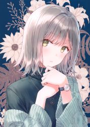 Rule 34 | 1girl, absurdres, blue cardigan, blue sweater, blush, cardigan, closed mouth, floral background, highres, hiten (hitenkei), jewelry, long sleeves, looking at viewer, necklace, off shoulder, open cardigan, open clothes, original, own hands together, scan, short hair, silver hair, solo, sweater, turtleneck, turtleneck sweater, upper body, watch, wristwatch, yellow eyes