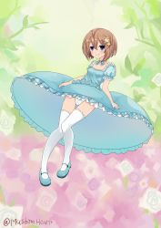 Rule 34 | 1girl, blanc (neptunia), blue dress, blue eyes, blue footwear, blush, brown hair, commentary, commentary request, dress, full body, hair between eyes, hair ornament, highres, knees together feet apart, looking at viewer, mary janes, mashiroheart, neptune (series), panties, shoes, short hair, smile, solo, star (symbol), star hair ornament, thigh gap, thighhighs, underwear, upskirt, white panties, white thighhighs