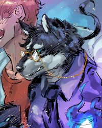 Rule 34 | 2boys, black fur, black sclera, blue eyes, blue fire, book, closed mouth, colored sclera, commentary, dog boy, eyewear strap, fire, furry, furry male, glasses, hand on another&#039;s shoulder, masanori (housamo), protagonist 4 (housamo), monocle chain, multiple boys, necktie, open mouth, oyatsu (hana), ponytail, purple shirt, red shirt, scar, scar on face, shirt, short hair, simple background, smile, snout, tokyo houkago summoners, two-tone fur, white fur