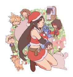 Rule 34 | 3girls, aerith gainsborough, animal, ascot, bag, barret wallace, belt, black hair, blonde hair, blue jacket, blue sailor collar, boots, breasts, brown belt, brown footwear, brown hair, cait sith (ff7), cat, chibi, cid highwind, cloak, closed eyes, cloud strife, crop top, final fantasy, final fantasy vii, flame-tipped tail, full body, fur trim, goggles, goggles on head, green pants, grin, hair tie, hat, highres, holding, holding bag, jacket, kneeling, large breasts, laughing, long hair, looking at mirror, low-tied long hair, midriff, mirror, moogle, multiple boys, multiple girls, one eye closed, pants, pink ribbon, red cloak, red eyes, red shirt, red skirt, red xiii, ribbon, sailor collar, sailor hat, shirt, short hair, skirt, sleeveless, sleeveless shirt, smile, spiked hair, sweatdrop, tasituma2, tifa lockhart, vincent valentine, white ascot, yuffie kisaragi
