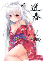 Rule 34 | 1girl, bare shoulders, blush, breasts, collarbone, commentary request, fingernails, floral print, flower, hair between eyes, hair flower, hair ornament, highres, japanese clothes, kimono, long hair, long sleeves, looking at viewer, off shoulder, one side up, original, parted lips, pinching sleeves, pink flower, print kimono, red eyes, red kimono, signature, silver hair, siroyuki, sleeves past wrists, small breasts, solo, very long hair, white background