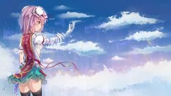 Rule 34 | 1girl, amputee, bandaged arm, bandages, black thighhighs, blue sky, breasts, bun cover, chain, chinese clothes, closed mouth, cloud, cowboy shot, cuffs, double bun, flower, from side, green skirt, hair bun, highres, ibaraki kasen, mofashi beibei, pink eyes, pink flower, pink hair, pink rose, profile, puffy short sleeves, puffy sleeves, rose, shackles, short hair, short sleeves, skirt, sky, small breasts, solo, tabard, thighhighs, touhou