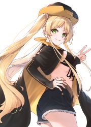 Rule 34 | 1girl, absurdres, ass, azur lane, belt, bikini, bikini top only, black bikini, black cloak, black hat, black sleeves, blonde hair, breasts, brown belt, clip studio paint (medium), cloak, closed mouth, commentary request, contrapposto, cowboy hat, cowboy shot, cutoffs, denim, denim shorts, detached sleeves, from side, front-tie bikini top, front-tie top, green eyes, hand on own hip, hat, highres, hornet (azur lane), karla (kimidori3), long hair, looking at viewer, medium breasts, midriff, parted bangs, partial commentary, short shorts, shorts, sidelocks, simple background, sleeves past wrists, smile, solo, standing, swimsuit, twintails, two-sided fabric, v, very long hair, white background, yellow cloak