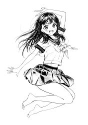 Rule 34 | 1girl, akebi-chan no serafuku, akebi komichi, arm up, barefoot, blouse, bow, bowtie, deadnooodles, full body, greyscale, highres, long hair, looking at viewer, monochrome, open mouth, pleated skirt, sailor collar, school uniform, shirt, short sleeves, simple background, sketch, skirt, solo, teeth, upper teeth only, v, white background