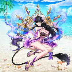 Rule 34 | 1girl, authumla, beach, black hair, breasts, cow girl, cow horns, cow tail, full body, green eyes, highres, horns, huge breasts, large breasts, lipstick, long hair, makeup, monster girl, nail polish, official art, pointy ears, sand, smile, solo, swimsuit, tail, valkyrie connect