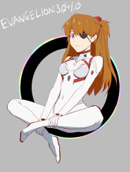 Rule 34 | 1girl, artist request, ass, blue eyes, bodysuit, breasts, brown hair, crossed legs, evangelion: 3.0+1.0 thrice upon a time, hair ornament, highres, interface headset, long hair, looking at viewer, neon genesis evangelion, plugsuit, rebuild of evangelion, sitting, skin tight, solo, souryuu asuka langley, very long hair, white bodysuit, wide hips