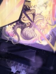 Rule 34 | 1boy, 1girl, angelica (project moon), black jacket, black sweater, closed eyes, commentary, covered mouth, enlxmfflsdkgus, flower, grand piano, hair spread out, highres, instrument, jacket, jewelry, library of ruina, light, light particles, long hair, lying, necklace, on back, piano, pink flower, project moon, purple theme, ring, ring necklace, solo focus, sweater, upside-down, very long hair, white flower, white hair, yellow theme