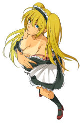 Rule 34 | 1girl, ahoge, alternate costume, apron, ass, bare shoulders, bikini tan, black dress, black socks, blonde hair, blue eyes, bra, bra pull, breast hold, breasts, cleavage, closed mouth, clothes pull, collarbone, covering privates, covering breasts, crossed arms, dress, enmaided, expressionless, facial mark, facing viewer, frilled dress, frills, from above, full body, functionally nude, genderswap, genderswap (mtf), hair between eyes, headdress, high heels, i (kaiyou), large breasts, long hair, looking at viewer, maid, maid apron, maid headdress, naruko (naruto), naruto, naruto (series), no panties, off shoulder, partially undressed, pink bra, shoes, simple background, socks, solo, standing, strap slip, tan, tanline, twintails, underwear, undressing, uzumaki naruto, whisker markings, whiskers, white background
