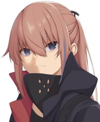 Rule 34 | 1girl, act (xadachit), black mask, blue eyes, blue jacket, closed mouth, girls&#039; frontline, hair ornament, hairclip, jacket, long hair, looking at viewer, mask, mask around neck, mod3 (girls&#039; frontline), multicolored hair, open clothes, open jacket, pink hair, ponytail, solo, st ar-15 (girls&#039; frontline), st ar-15 (mod3) (girls&#039; frontline), streaked hair, upper body, white background