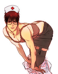 Rule 34 | 1boy, bad id, bad pixiv id, bent over, black thighhighs, bra, brown hair, crossdressing, garter straps, glasses, hands on own knees, hat, jewelry, kagami taiga, kuroko no basuke, looking at viewer, male focus, necklace, nurse cap, red eyes, red hair, short hair, simple background, sketch, skirt, solo, thighhighs, toned, tuna1812, underwear, undressing, white background