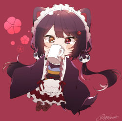Rule 34 | 1girl, absurdres, animal ears, apron, brown eyes, brown hair, brown kimono, chibi, cup, dog ears, dog girl, dog hair ornament, flower, hair flower, hair ornament, heterochromia, highres, holding, holding cup, inui toko, japanese clothes, kimono, long hair, low twintails, maid, maid apron, mug, nijisanji, red background, red eyes, red hair, shigure (sigre), solo, twintails, twitter username, virtual youtuber, wa maid