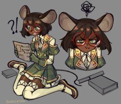Rule 34 | animal ears, artist name, bad link, blush, book, bumblesteak, dark-skinned female, dark skin, glasses, green eyes, grey background, highres, looking at viewer, mouse ears, mouse girl, mouse tail, newspaper, nose, olive (bumblesteak), open mouth, original, short hair, simple background, solo, tail, thighhighs