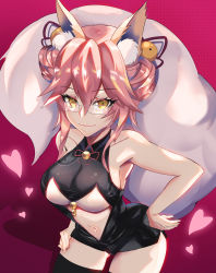 Rule 34 | 1girl, alternate hairstyle, animal ear fluff, animal ears, breasts, collarbone, fate/grand order, fate (series), fox ears, fox girl, fox tail, glasses, hands on own hips, heart, highres, koyanskaya (chinese lostbelt outfit) (fate), koyanskaya (fate), kuroha (rockluo213), large breasts, looking at viewer, navel, pink hair, smile, solo, tail, tamamo (fate), underboob, yellow eyes