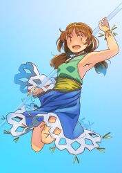 Rule 34 | 1girl, armpits, blue dress, blush, brown hair, circlet, detached sleeves, dress, gradient background, green dress, long hair, low twintails, monkey tail, multicolored clothes, multicolored dress, open mouth, rangycrow, red eyes, single detached sleeve, smile, solo, son biten, tail, touhou, twintails, white sleeves, yellow dress