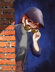 Rule 34 | 1girl, black hat, blue jacket, brick wall, brown hair, brown skirt, chutohampa, commentary request, grey shirt, hand up, hat, jacket, long hair, original, red eyes, shirt, signature, skirt, solo, sunglasses, upper body