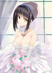 Rule 34 | 10s, 1girl, bare shoulders, black hair, bouquet, breasts, cleavage, collarbone, curtains, date a live, dress, elbow gloves, flower, gloves, heterochromia, holding, holding bouquet, holding flower, large breasts, long hair, looking at viewer, pink rose, red eyes, rose, signature, smile, solo, tokisaki kurumi, toyozero, upper body, veil, wedding dress, white gloves, window, yellow eyes