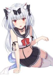 Rule 34 | 1girl, anchor, anchor choker, animal ears, azur lane, black bow, black ribbon, black skirt, blush, bow, breasts, cat ears, choker, collarbone, hair bow, highres, izumo neru, long hair, looking at viewer, medium breasts, navel, open mouth, red bow, ribbon, silver hair, simple background, skirt, smile, solo, thighhighs, white background, white thighhighs, yukikaze (azur lane)