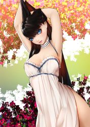 Rule 34 | 1girl, absurdres, arched back, armpits, arms behind head, arms up, black hair, blue eyes, breasts, brown hair, choker, dress, dutch angle, frilled choker, frills, highres, lips, long hair, looking at viewer, makeup, milk-doll, multicolored hair, original, parted lips, playing with own hair, side slit, smile, solo, tree, two-tone hair, very long hair