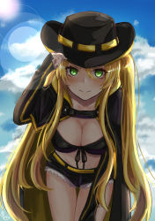 Rule 34 | 1girl, azur lane, belt, blonde hair, blush, breasts, cape, chushou wang, cleavage, commentary request, cowboy hat, front-tie top, green eyes, hat, highres, hornet (azur lane), large breasts, leaning forward, long hair, looking at viewer, navel, short shorts, shorts, smile, solo, twintails, very long hair