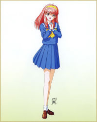 Rule 34 | 1990s (style), 1girl, blue skirt, border, brown footwear, fujisaki shiori, full body, gradient background, hairband, highres, interlocked fingers, konami, loafers, long sleeves, looking at viewer, non-web source, official art, open mouth, own hands together, pleated skirt, red eyes, red hair, retro artstyle, scan, school uniform, shoes, shopyun, skirt, solo, standing, tokimeki memorial, tokimeki memorial 1