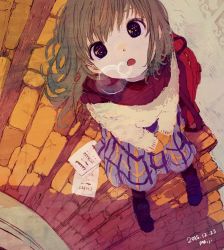 Rule 34 | 1girl, :o, backpack, bag, black eyes, breath, brown hair, eye reflection, from above, long hair, looking up, maij, mittens, night, open mouth, original, outdoors, pantyhose, perspective, plaid, plaid skirt, reflection, scarf, shoes, skirt, sneakers, solo, stairs, star (sky), star (symbol), sweater, ticket, winter, winter clothes