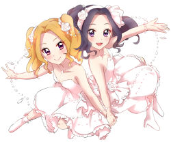 Rule 34 | 2girls, :d, aikatsu!, aikatsu! (series), alternate hairstyle, bare shoulders, black hair, blonde hair, blush, breasts, cleavage, daichi nono, dress, flower, flower ornament, frilled dress, frills, full body, gloves, hair ornament, hairband, high heels, highres, holding hands, jewelry, lipstick, long hair, looking at viewer, makeup, mole, mole under eye, multiple girls, necklace, open mouth, purple eyes, rose, sekina, shirakaba risa, shoes, simple background, small breasts, smile, twintails, wedding dress, white background, white dress, white flower, white footwear, white gloves, white rose