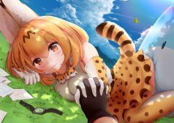 Rule 34 | 2girls, absurdres, animal ear fluff, animal ears, belt, black gloves, blonde hair, blouse, blue sky, blush, bow, bowtie, cloud, commentary request, day, drawing, elbow gloves, gloves, grass, hair between eyes, high-waist skirt, highres, holding hands, interlocked fingers, kemono friends, looking at viewer, lucky beast (kemono friends), lying, medium hair, modoi (star), multiple girls, on ground, on side, orange eyes, outdoors, paper airplane, pov, pov hands, print gloves, print legwear, print skirt, serval (kemono friends), serval print, serval tail, shirt, skirt, sky, sleeveless, sleeveless shirt, smile, solo focus, tail, thighhighs, traditional bowtie, white shirt