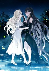 Rule 34 | 2girls, absurdly long hair, albino, black dress, black footwear, black gloves, black hair, black lips, blush, breasts, cleavage, dress, earrings, elbow gloves, eye contact, forest, gloves, high heels, highres, holding hands, jewelry, light particles, lipstick, long hair, looking at another, majo shuukai de aimashou, makeup, medium breasts, middle finger, mitsu (tendou itsuki), multiple girls, nature, necklace, night, original, outdoors, pale skin, red eyes, single earring, standing, standing on liquid, very long hair, wavy hair, white dress, white hair, yellow eyes, yuri