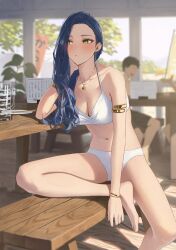 Rule 34 | 1girl, armlet, asymmetrical hair, bare legs, barefoot, bikini, blue hair, blurry, blurry background, blush, bracelet, breasts, cleavage, collarbone, forehead, halterneck, hand on own cheek, hand on own face, hara kenshi, head rest, highres, indoors, jewelry, kimishima touka, medium breasts, navel, necklace, original, people, sideways glance, sitting, solo focus, stomach, swimsuit, white bikini, wooden chair