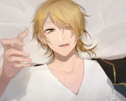 Rule 34 | 1boy, arm out of sleeve, beckoning, black jacket, blonde hair, collarbone, earrings, hair over one eye, hassan (sink916), jacket, jewelry, licking lips, long sleeves, looking at viewer, lying, male focus, official art, on back, on bed, open clothes, open jacket, senra (utaite), shirt, short hair, single earring, single sidelock, solo, t-shirt, teeth, tongue, tongue out, upper body, upper teeth only, urashimasakatasen, utaite, v-neck, white shirt, yellow eyes