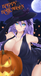 Rule 34 | &gt;:), 1girl, bent over, black dress, black gloves, blue eyes, braid, breasts, closed mouth, collarbone, dress, elbow gloves, english text, full moon, gloves, hair between eyes, hand on headwear, hand on own hip, happy halloween, hat, huge breasts, jack-o&#039;-lantern, jyu ichi, light smile, lipstick, long hair, makeup, moon, neptune (series), night, outdoors, pink lips, power symbol, power symbol-shaped pupils, purple heart (goddesses&#039; promise), purple heart (neptunia), solo, symbol-shaped pupils, twin braids, v-shaped eyebrows, very long hair, watermark, web address, witch hat