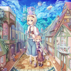 Rule 34 | 2girls, :o, absurdres, aircraft, airship, alice margatroid, arch, bad id, bad pixiv id, bag, balcony, bear, bird, blonde hair, blue eyes, blue sky, bow, rabbit, capelet, cart, cat, chick, clothesline, cloud, cobblestone, crown, day, dog, dress, fence, frown, giant, giantess, hair ribbon, hairband, hand on own shoulder, handbag, highres, hill, hug, ivy, lamppost, lantern, lolita hairband, looking away, mansion, mary janes, medicine melancholy, multiple girls, panda, pavement, peeking out, penguin, planet, puffy short sleeves, puffy sleeves, purple eyes, ribbon, sash, seneto, shadow, shanghai doll, footwear bow, shoes, short hair, short sleeves, skirt grab, sky, sleeping, snake, sparrow, market stall, storefront, stuffed animal, stuffed toy, teddy bear, tiles, touhou, village, window, wrist cuffs