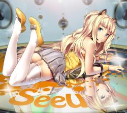 Rule 34 | 1girl, animal ears, bare shoulders, blonde hair, blue eyes, cat ears, character name, full body, headset, legs, long hair, looking at viewer, looking back, lying, mirror image, on stomach, plantar flexion, popobobo, reflection, reflective floor, seeu, shoes, skirt, smile, solo, thighhighs, vocaloid, white thighhighs, wrist cuffs, zettai ryouiki