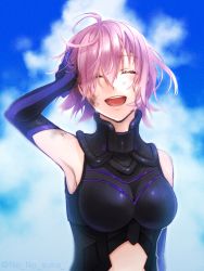 Rule 34 | 1girl, :d, ^ ^, absurdres, armpits, black gloves, blue sky, blurry, blurry background, breasts, breasts apart, bruise, bruise on face, closed eyes, clothing cutout, cloud, elbow gloves, facing viewer, fate/grand order, fate (series), gloves, hand in own hair, hand on own head, highres, injury, large breasts, mash kyrielight, no no suke, open mouth, pink hair, purple gloves, short hair, sky, smile, solo, stomach cutout, two-tone gloves, upper body