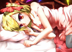 Rule 34 | 1girl, black thighhighs, blonde hair, bow, chemise, collarbone, female focus, flandre scarlet, hair bow, highres, looking at viewer, lying, mugen soukyuu, no headwear, no headwear, on side, pillow, red eyes, side ponytail, smile, solo, strap slip, thighhighs, touhou, wings