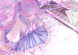 1girl asahi_rokka bang_dream! bed bow center_frills frills hair_ribbon hcq25535058 highres hikawa_hina instrument long_hair maruyama_aya multicolored_hair nyubara_reona on_bed piano poster_(object) ribbon sato_masuki shirasagi_chisato skirt socks solo tamade_chiyu twintails unicorn wakamiya_eve wakana_rei white_socks yamato_maya