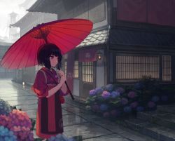 Rule 34 | 1girl, architecture, bad link, black hair, bow, building, bush, chorefuji, commentary request, east asian architecture, flower, holding, holding umbrella, hydrangea, light, mitsudomoe (shape), oil-paper umbrella, original, outdoors, pink eyes, rain, red umbrella, redrawn, short hair, sky, solo, stairs, standing, stone floor, tomoe (symbol), two-handed, umbrella
