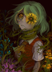 Rule 34 | 1girl, ascot, breasts, collared shirt, creepy, expressionless, flower, flower-shaped pupils, flower eyepatch, flower over eye, flower request, green hair, highres, horror (theme), kazami yuuka, looking at viewer, looking to the side, open clothes, open vest, pale skin, petals, plaid, plaid skirt, plaid vest, plant, red pupils, red skirt, red vest, sakamoto (pompa), shirt, short hair, short sleeves, skirt, solo, symbol-shaped pupils, touhou, upper body, vest, vines, white shirt, wind, wrapped up