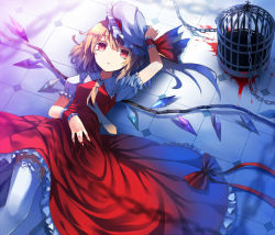 Rule 34 | 1girl, adapted costume, alternate costume, bad id, bad pixiv id, birdcage, blonde hair, blood, bon, cage, chain, colored eyelashes, dress, female focus, flandre scarlet, hand on headwear, hat, lace, lace-trimmed legwear, lace trim, lying, on back, on floor, red eyes, short hair, solo, embodiment of scarlet devil, thighhighs, tile floor, tiles, touhou, wings, wrist cuffs, zettai ryouiki