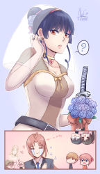 Rule 34 | 1girl, ?, absurdres, adjusting hair, ahoge, artist name, belt, black hair, blackhaiper, blue background, blue flower, blue necktie, blue rose, blunt bangs, bouquet, breasts, choker, cleavage, collarbone, crying, dated, earrings, elbow gloves, flower, gintama, gloves, grey flower, grey jacket, grey rose, hair bun, hair flower, hair ornament, heart, heart ahoge, heart necklace, highres, holding, holding bouquet, holding sword, holding weapon, imai nobume, jacket, jewelry, kagura (gintama), kamui (gintama), looking at viewer, medium breasts, necklace, necktie, okita sougo, parted lips, red eyes, ribbon, rose, sheath, sheathed, short hair with long locks, sidelocks, single hair bun, smile, solo, speech bubble, sword, tears, weapon, white gloves, yellow ribbon