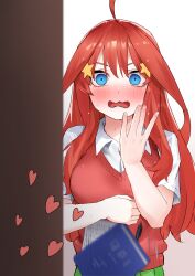 Rule 34 | 1girl, absurdres, ahoge, amog, blue eyes, blush, book, breasts, collared shirt, commentary request, double-parted bangs, embarrassed, eyebrows hidden by hair, falling books, full-face blush, go-toubun no hanayome, hair between eyes, hair ornament, hair spread out, hand up, heart, highres, holding, holding book, large breasts, long hair, looking at viewer, motion blur, nakano itsuki, nose blush, open mouth, paid reward available, red hair, red sweater vest, school uniform, shirt, sidelocks, simple background, solo, speech bubble, star (symbol), star hair ornament, surprised, sweat, sweater vest, v-shaped eyebrows, very long hair, voyeurism, wavy mouth, white background, white shirt, wide-eyed