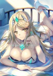 Rule 34 | 1girl, ahoge, ass, bare shoulders, bed, blonde hair, blush, breast press, breasts, chromatic aberration, circlet, cleavage, cleavage cutout, clothing cutout, day, gem, gold trim, high heels, indoors, inoue takuya (tactactak), large breasts, long hair, looking at viewer, lying, mythra (radiant beach) (xenoblade), mythra (xenoblade), neon trim, nintendo, on stomach, one-piece swimsuit, pumps, shiny skin, simple background, smile, solo, strapless, strapless one-piece swimsuit, swimsuit, tiara, xenoblade chronicles (series), xenoblade chronicles 2, yellow eyes