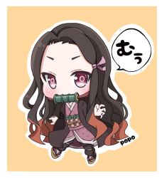 Rule 34 | 1girl, artist name, bamboo, bit gag, black hair, blush, brown hair, checkered sash, chibi, commentary request, forehead, full body, gag, hair ribbon, japanese clothes, kamado nezuko, kimetsu no yaiba, kimono, long hair, long sleeves, looking at viewer, mouth hold, multicolored hair, obi, open clothes, orange background, outline, parted bangs, pink kimono, pink ribbon, popo (popopuri), red eyes, ribbon, sash, solo, speech bubble, translation request, two-tone hair, v-shaped eyebrows, very long hair, white outline, wide sleeves