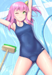 Rule 34 | ;), arms up, blue one-piece swimsuit, breasts, broom, closed mouth, covered navel, cowboy shot, empty pool, gluteal fold, green eyes, highres, lying, on back, one-piece swimsuit, one eye closed, one side up, original, pink hair, pool, sasaame, school swimsuit, small breasts, smile, solo, swimsuit