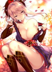 Rule 34 | 1girl, :o, autumn, black socks, blurry, blurry background, blush, breasts, cleavage, collarbone, convenient leg, detached sleeves, falling leaves, fate/grand order, fate (series), hair between eyes, japanese clothes, kimono, kneehighs, large breasts, leaf, long hair, long sleeves, looking at viewer, miyamoto musashi (fate), miyamoto musashi (first ascension) (fate), naked kimono, parted lips, purple eyes, sash, shiny skin, silver hair, sleeveless, sleeveless kimono, sleeves past wrists, socks, solo, sora 72-iro, squatting, strap slip, thighs, undressing