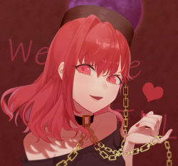 1girl, :d, bangs, bare shoulders, black collar, black shirt, breasts, chains, collar, collarbone, eyebrows behind hair, eyelashes, face, hair between eyes, hair intakes, hand up, heart, hecatia lapislazuli, highres, long hair, looking at viewer, medium breasts, nail polish, off-shoulder shirt, off shoulder, open mouth, pinky out, polos crown, red background, red eyes, red hair, red nails, shadow, shirt, simple background, smile, solo, touhou, umi-ao