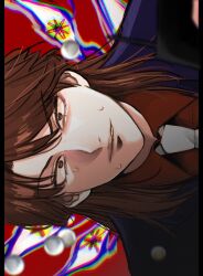 1boy black_jacket blazer brown_hair collared_shirt commentary dutch_angle formal_clothes highres ichijou_seiya jacket kaiji letterboxed long_hair looking_at_viewer male_focus necktie oyun_tya pachinko_ball parted_lips red_background red_shirt shirt sideways solo suit sweat the_bog_(kaiji) v-shaped_eyebrows white_necktie