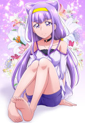 Rule 34 | 1girl, arms behind back, barefoot, choker, closed mouth, collarbone, cone hair bun, flower, full body, hair bun, hairband, hanzou, highres, hugtto! precure, long hair, looking at viewer, off-shoulder shirt, off shoulder, precure, purple eyes, purple hair, purple shorts, ruru amour, shirt, short shorts, shorts, sitting, smile, soles, solo, sparkle, twintails, very long hair, white flower, white shirt, yellow hairband